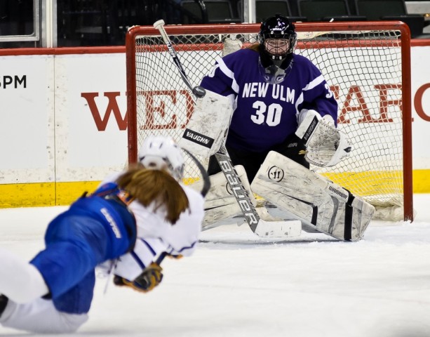 New Ulm goaltender Karlie Ries stopped 53 Thief River Falls' shots on Wednesday night in St. Paul. (MHM Photo / Tim Kolehmainen)  